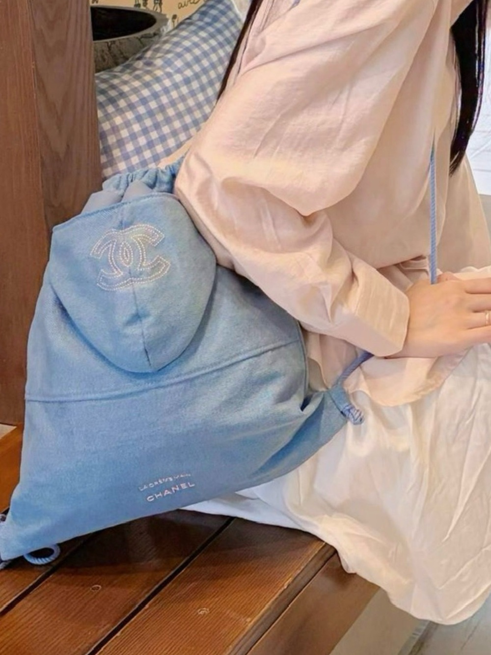 Light Blue Drawstring Backpack; New! - Picture 2 of 4